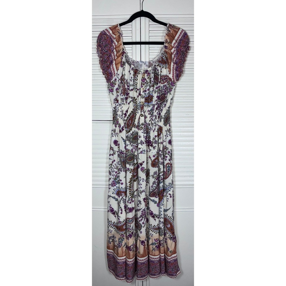 OSTOO Boho Paisley Floral‎ Smocked Waist Tiered Maxi Dress XL Cottagecore Summer